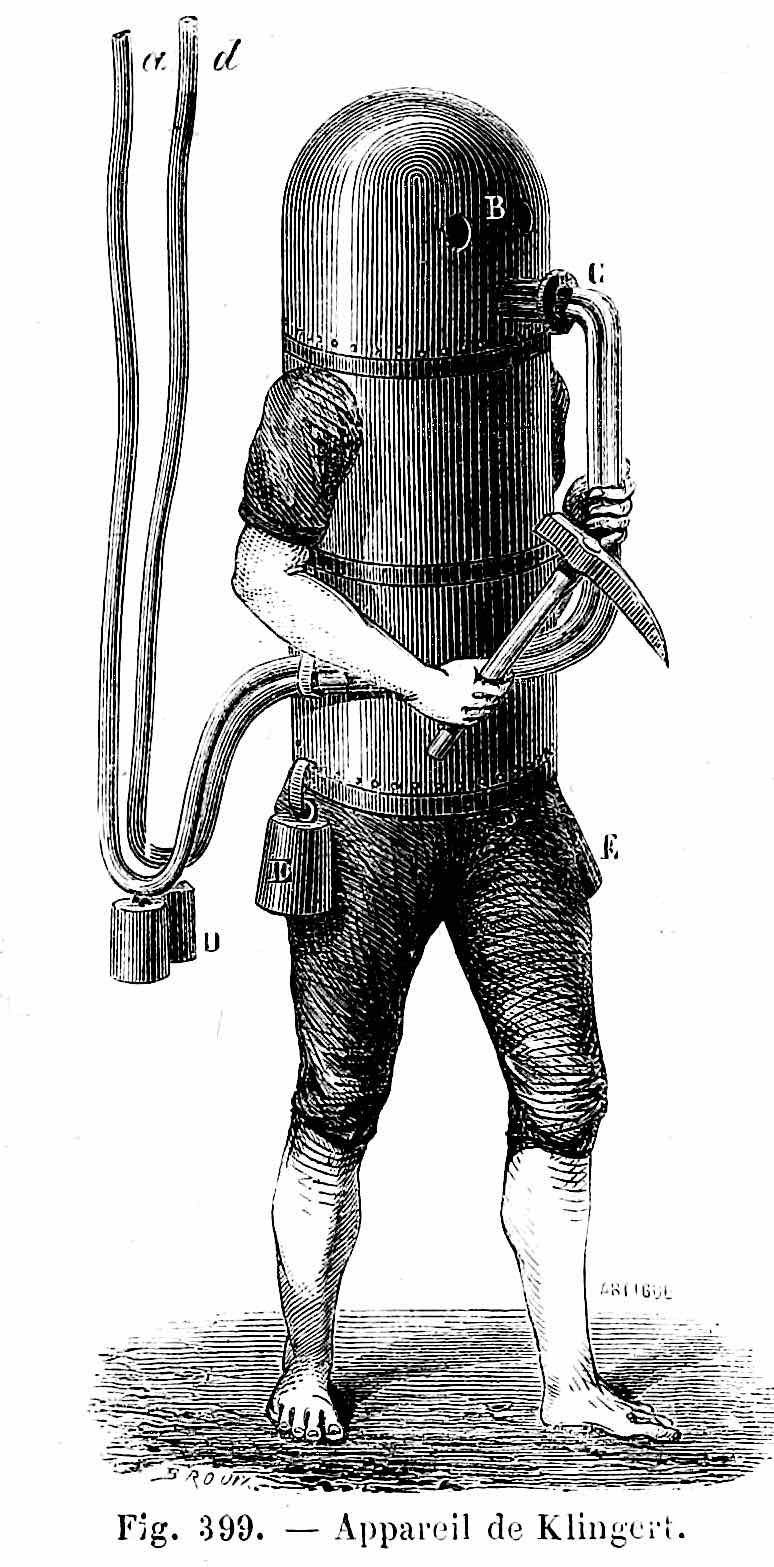 an illustration of a 1797 underwater worker with tools, appareil de Klingert