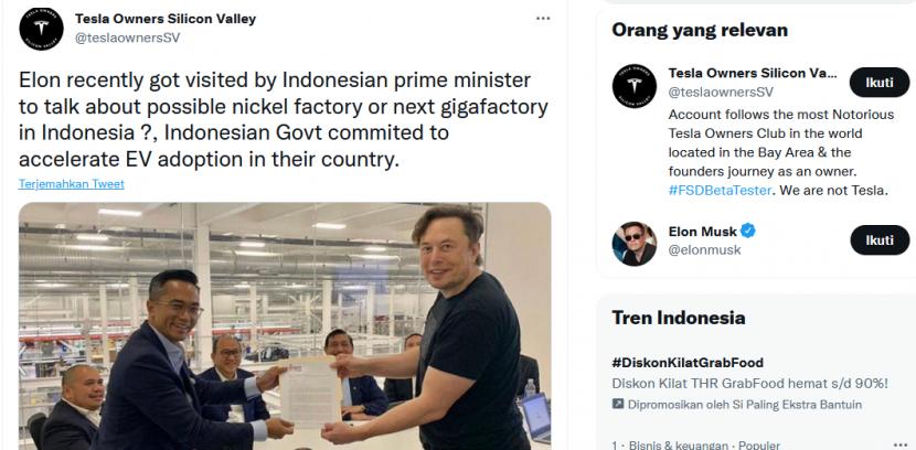 Akun Twitter Klub Tesla Sebut Luhut Perdana Menteri RI