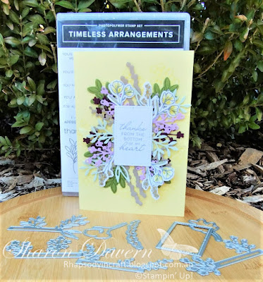 Rhapsody in craft,#rhapsodyincraft, Lemon Lolly, Thank you card, Timeless Arrangements, Timeless Arrangements Dies, #colourcreationsbloghop, Soft Sea Foam, Fresh Freesia, Blackberry Bliss, Old Olive, Wild Wheat, Smoky Slate, Crumb cake, Stampin' Up! #artwithheart