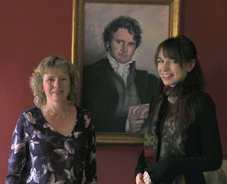 Rachel with Jenni Waugh and Mr Darcy in the Regency tearooms at the Jane Austen Centre in Bath