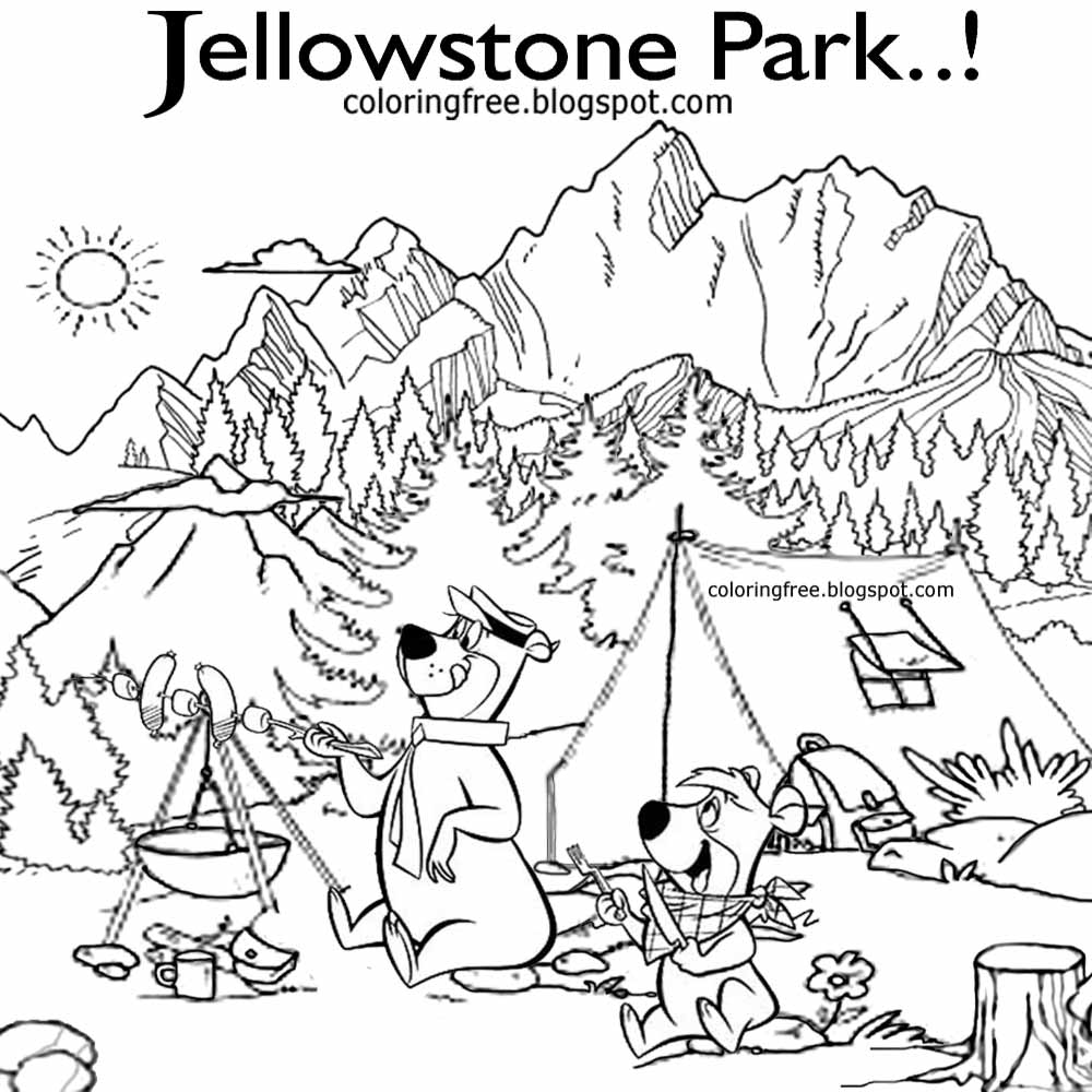 Kids cartoon Yogi Bear camp resort Jellystone park encampment tents outdoor cooking coloring in page