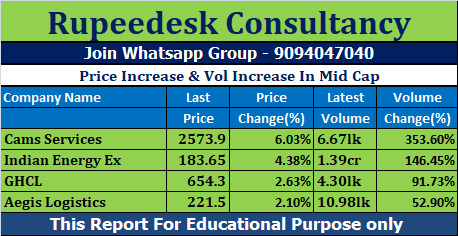 Price Increase & Vol Increase In Mid Cap