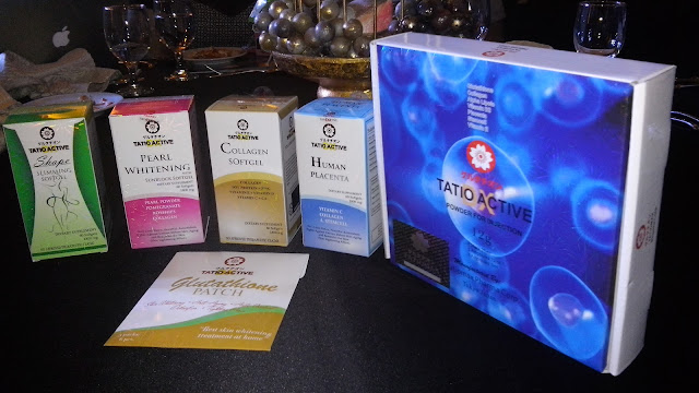  Tatio Active DX   1. Flagship Products: Glutathione Gold- (benefits of gluta as stated above) Glutathione Injectable- (benefits of gluta as listed above plus enhances eye vision and relieves arthritis) 2. Other Products: Pearl Whitening- ptotects kin from damage, age spots, and other harmfu effects of sun exposure, protects from UVA and UVB rays, anti-aging, anti-oxidabt Shape SLimming- makes losing weight and burning fat easier, helps the bdy to metabolizing carbs and not storing them as excess fat, detox, anti-aging Collagen- strengthens and improves blood vessel elasticity, maintains healthy conditoin of bones and cartilage, prevents wrinkles and brown spots, Human PLacenta- detoxifies body, improves immune system, regenerates cells and tissues, delays skin aging, refines facial pores, delays menopause. 3. New Products Gluta Spray- with Tourmaline, it whitens, moisturizes and tigthens pores, prevents acne,  blemishes and skin viruses, hypo-allergenic Glutathione Patch- transdermal technology delivers specific dose of medication hru the skin into the bloodsteam, whitens, detoxifies, reduces stress