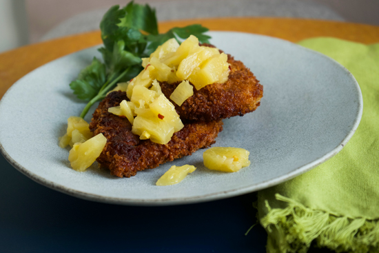 Breaded pork cutlets with pineapple and ginger salsa