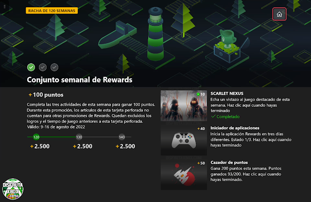 Conjunto semanal de Rewards: 100 puntos + 2500 puntos de bonificación (120 Semanas completadas)