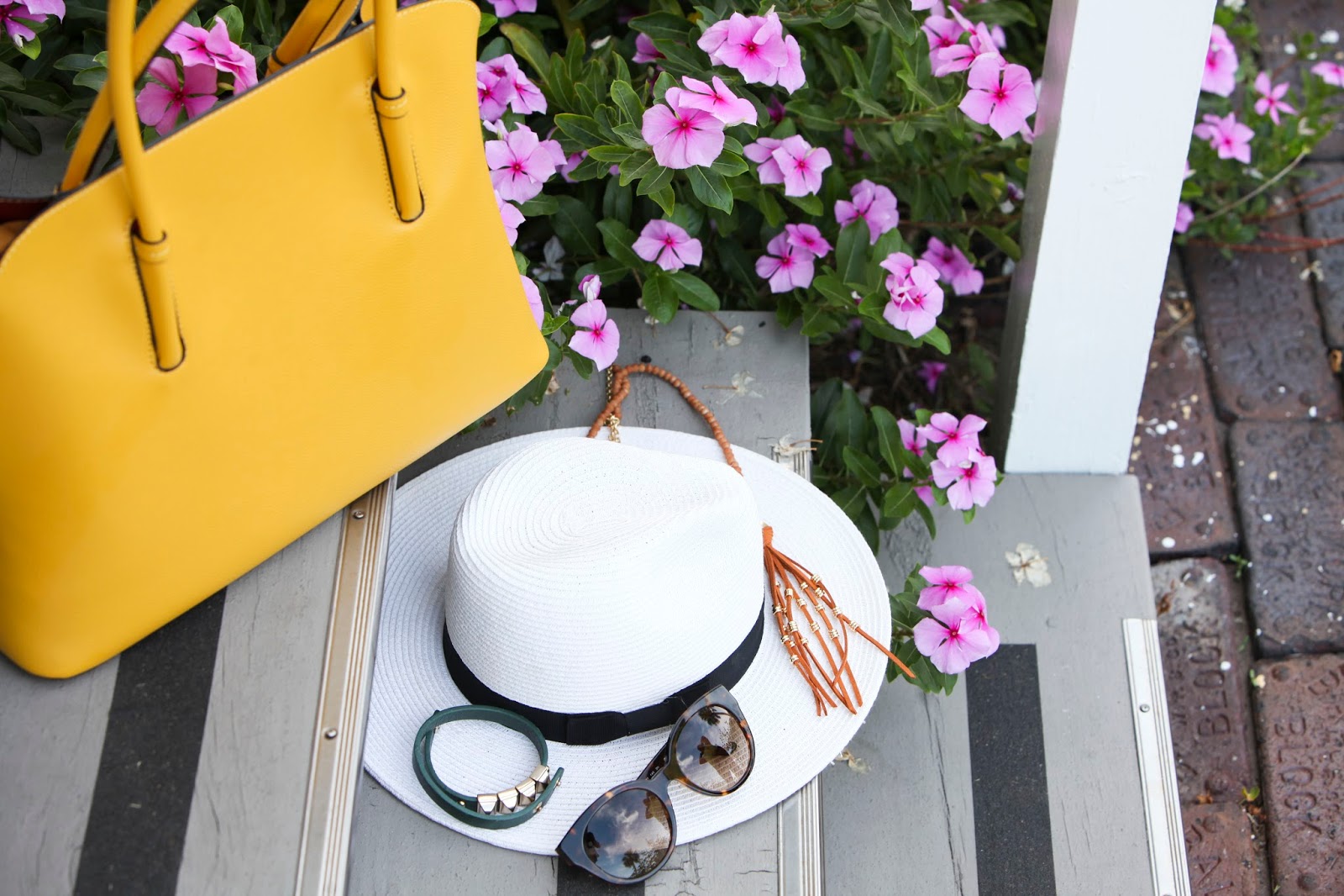 Yellow hand bag and panama hat
