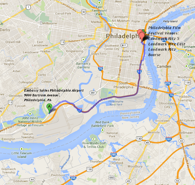map showing Embassy Suites Philadelphia Airport is 10 minutes from the Philadelphia Film Festival Venues