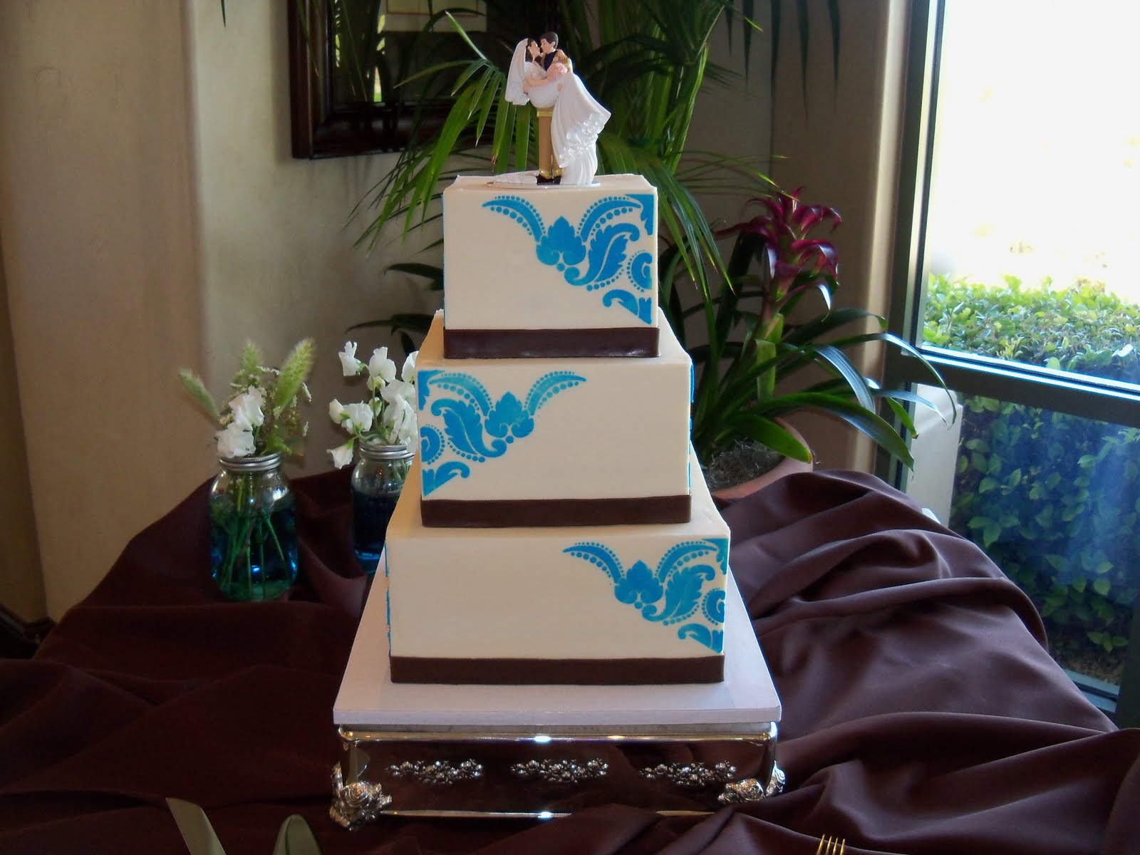 blue wedding cake images Blue and brown wedding cake (fondant ribbon on buttercream cakes):