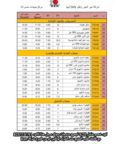 قائمة أسعار Dxn ليبيا