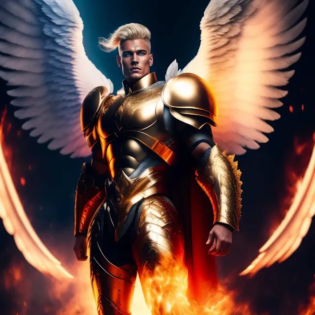 Wallpaper de anjo guerreiro armadura de fogo