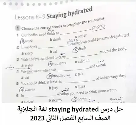 حل درس staying hydrated لغة انجليزية الصف السابع الفصل الثانى 2023