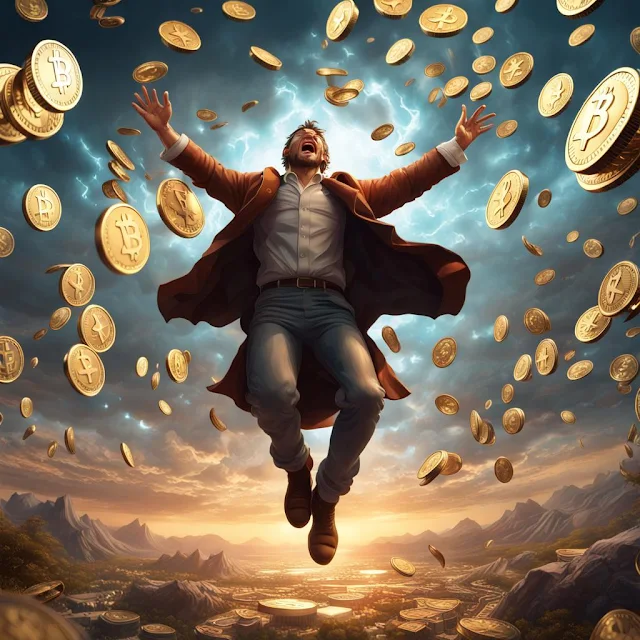 A man floating in the air with open hands to the sky and crypto falling from the sky is in the picture