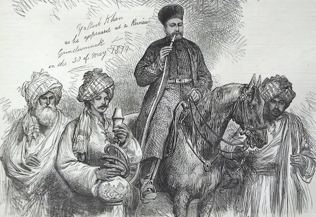 An illustration from London Illustrated News showing Amir Yaqub Khan at Gandamak on 30th May 1879