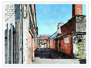 A watercolour of an alleyway between 2 buildings.