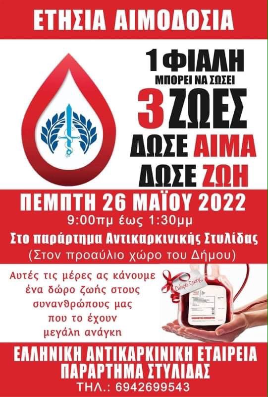 Παράρτημα Στυλίδας της Ελληνικής Αντικαρκινικής Εταιρείας - Εθελοντική αιμοδοσία την Πέμπτη 26 Μαΐου 2022