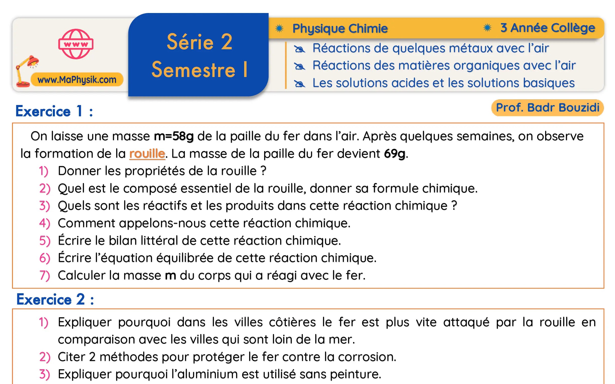 série des exercices 2 -sesmtre 1 - Physique CHimie 3 Année Collège