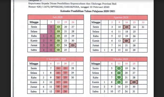 Kalender Pendidikan Tahun Pelajaran 2020/2021 Provinsi Bali