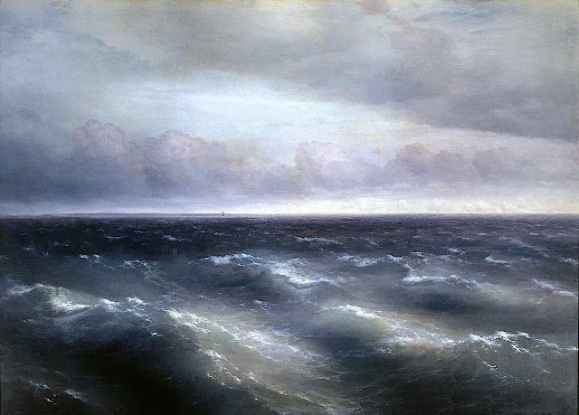 a painting by Ivan Aivazovsky 1881, a ship in a bleak sea