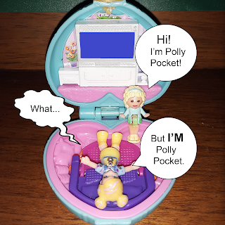 Old style Polly Pocket doll stands by television with blue screen, saying, "Hi! I'm Polly Pocket!" New style Polly Pocket doll lies on fold-out sofa, saying, "What.... But I'M Polly Pocket!"