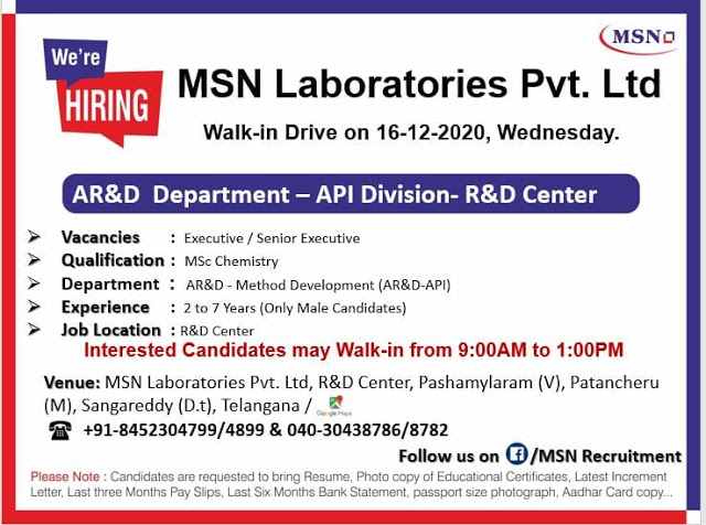 MSN Laboratories | Walk in Drive for API - AR&D on 16th Dec 2020