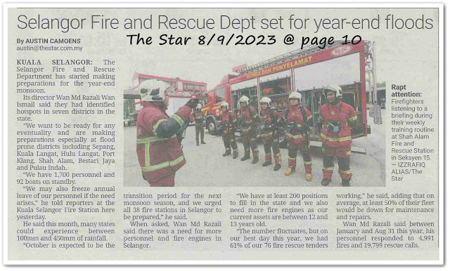 Selangor Fire and Rescue Dept set for year-end floods - Keratan akhbar The Star 8 September 2023