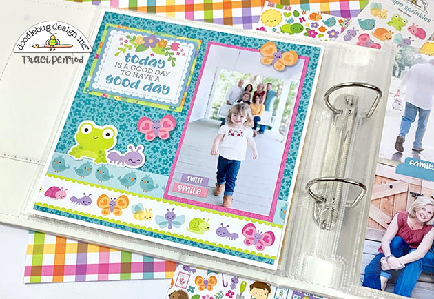 Spring Scrapbook Page Layout with flowers, butterflies, frog, & the Doodlebug Simply Spring Collection