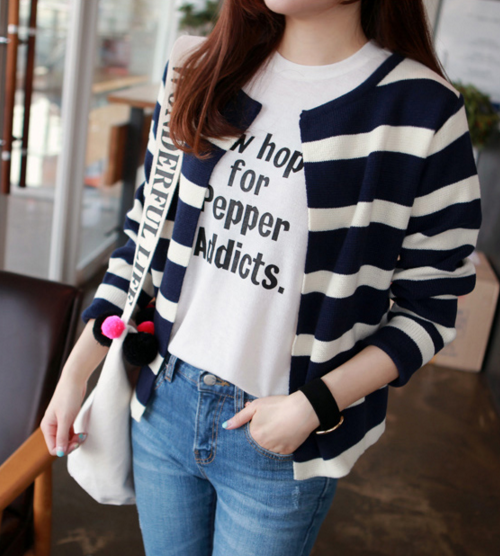 Striped Round Neck Open Cardigan