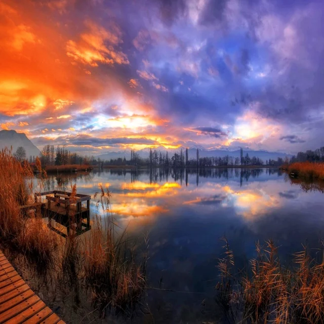 Sunset Lake Clouds Nature Scenery 