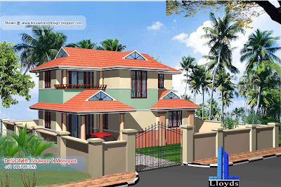 Kerala villa plan and elevation - 1369 Sq. Feet