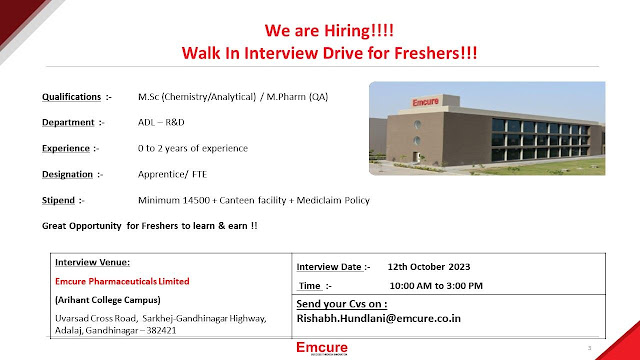 Emcure Pharma Walk In Interview For Fresher MSc (Chemistry/ Analytical) / MPharm (QA)