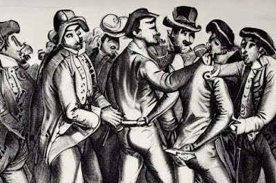 Wealthy stag do celebrations in renaissance period illustration in black and white