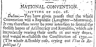January 30, 1795, edition of the London Times, reporting on the French National Convention in Paris, appears to be the First Mention of the word in English.