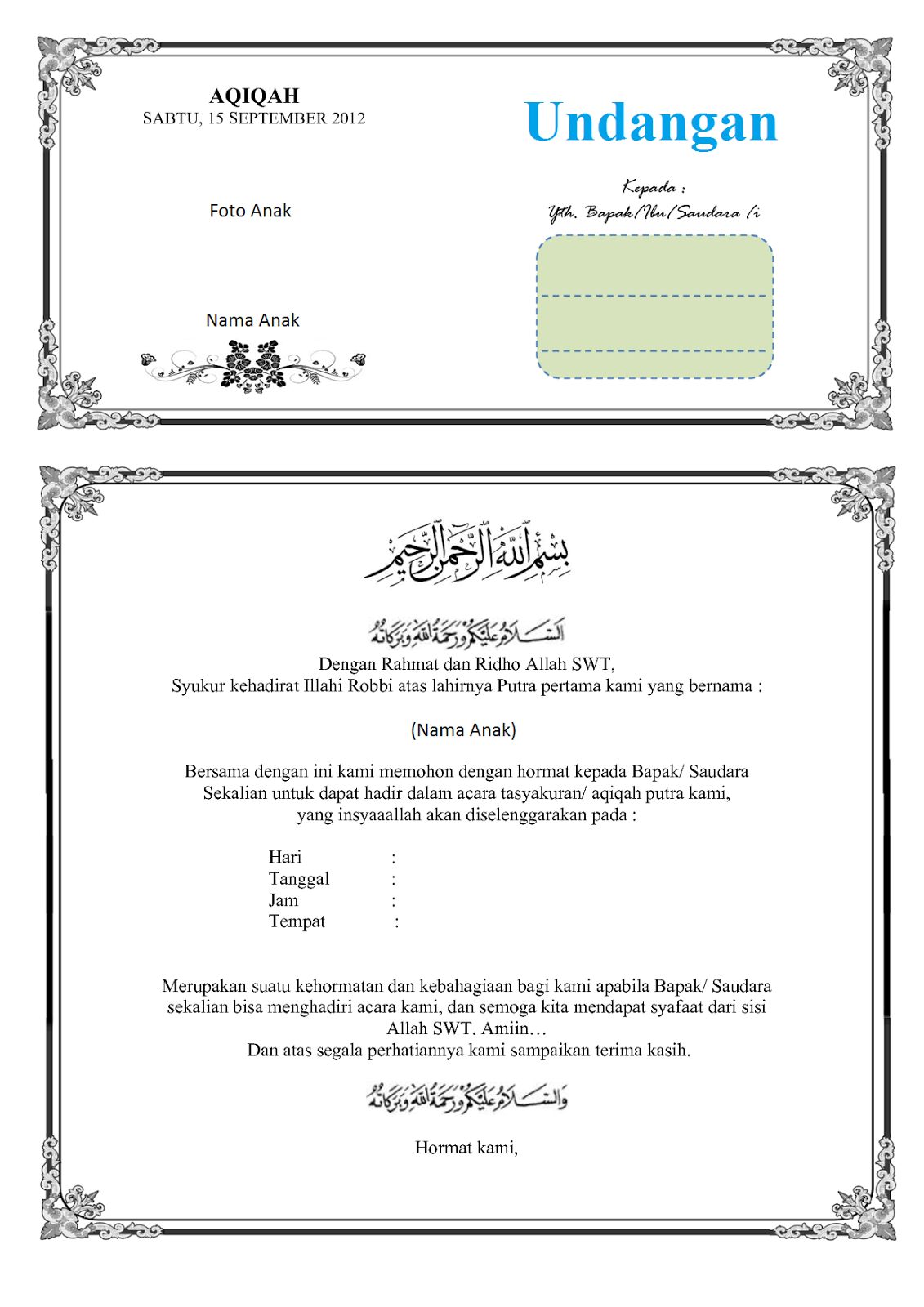 Contoh Undangan Aqiqah Simpel Versi Word Doc Kertas A4 