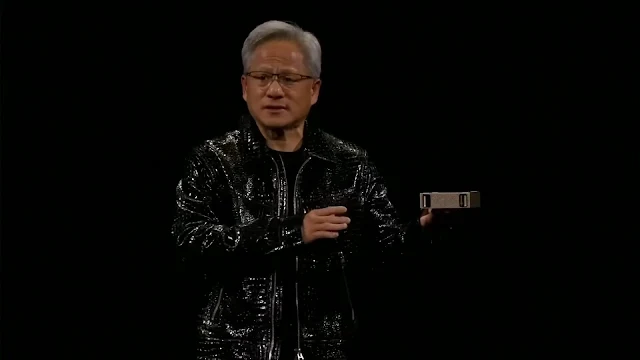 Nvidia CEO Jensen Huang presenting the Digits Personal AI Supercomputer at CES 2025.