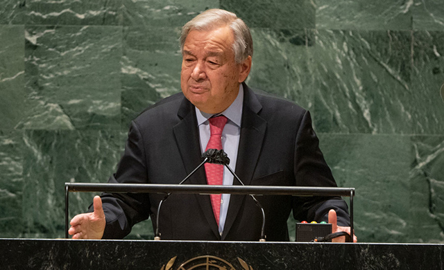 El Secretario General António Guterres interviene en la apertura del debate general del 76º período de sesiones de la Asamblea General de la ONU. UN Photo/Cia Pak