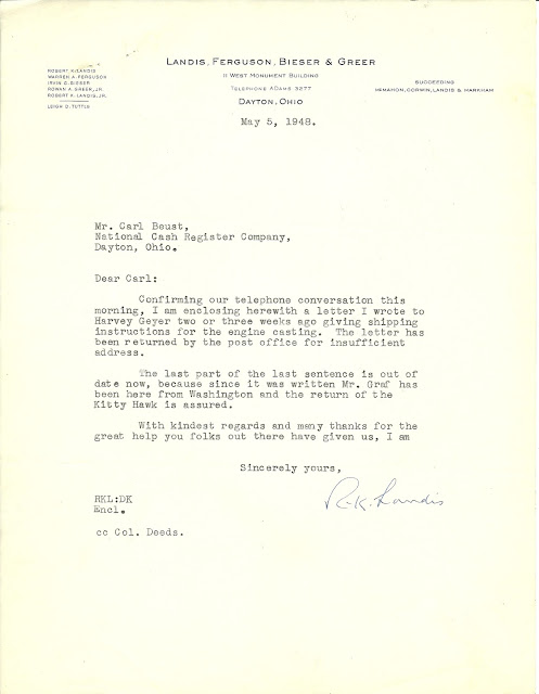 Wright 1903 Flyer confirmation of return letter, 1948