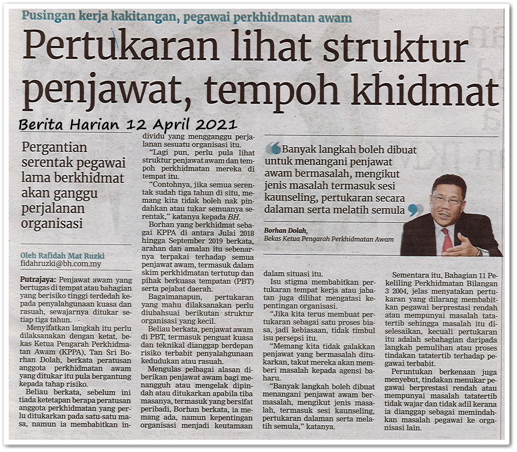 Pertukaran lihat struktur penjawat, tempoh berkhidmat - Keratan akhbar Berita Harian 12 April 2021