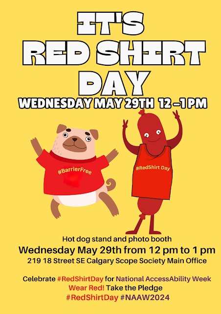 Cartoon animation of 1 dog and 1 hot dog in red tshirts with arms up in the air to celebrate Red Shirt Day