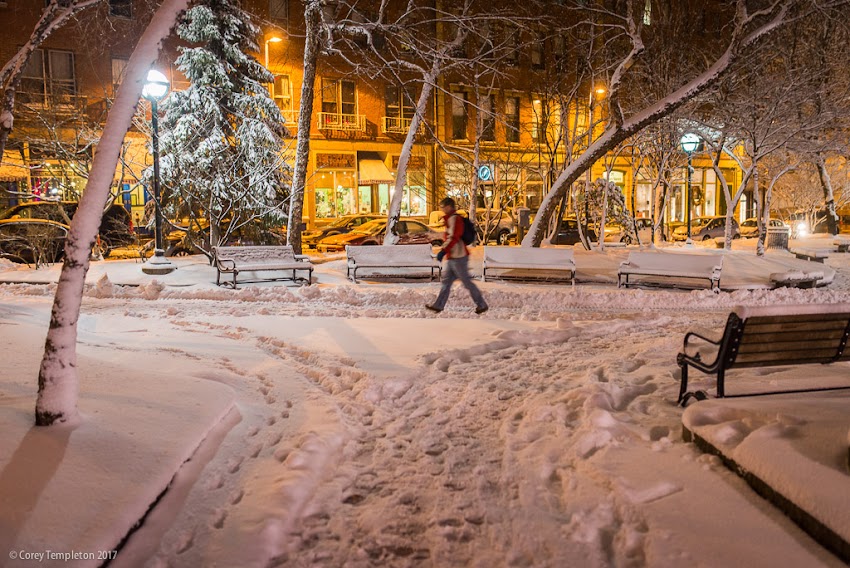 Portland, Maine USA January 2017 photo by Corey Templeton of Winter snow in Post Office Park in Old Port off Exchange and Market Streets.