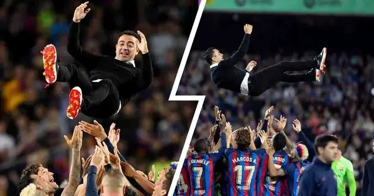 Spotted: Barca players toss Xavi in the air to celebrate La Liga success