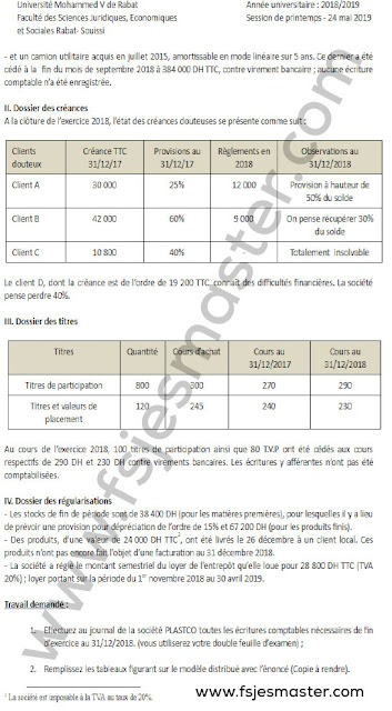 Exemple Examen Licence Epreuve de Comptabilité Générale II 2018-2019 Avec Corrigé - Fsjes Souissi