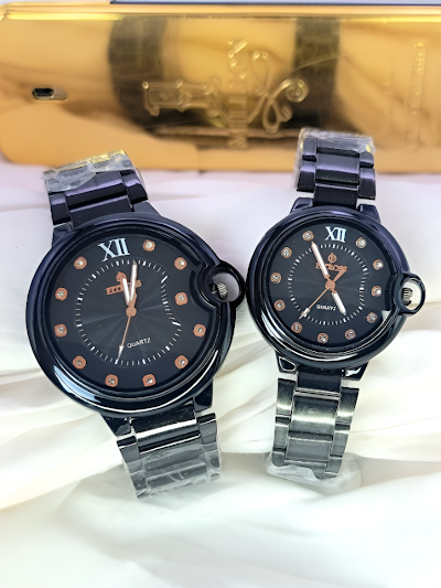 Luxury Couple Wristwatch Set – Black Stainless Steel Quartz Watches for Men & Women