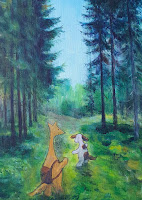 Aija Saukkosen kuvittama Hulmu ja Haukku metsäpolulla - postikortti. Illustrated postcard of characters Hulmu and Haukku on a forest path.