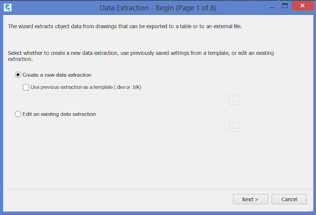 Janela 01 de 08 do comando DATA EXTRACTION