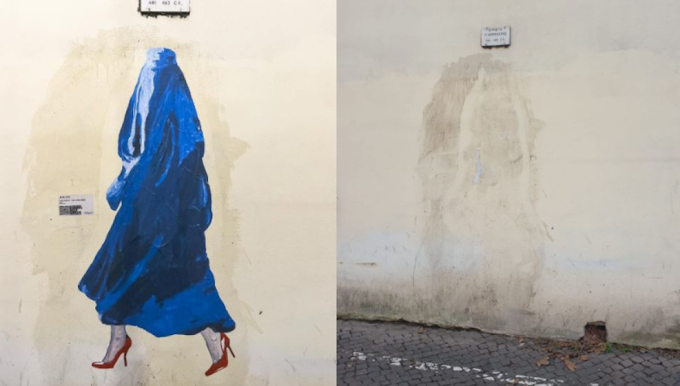 Roma, rimosso il murale della donna afghana coi tacchi rossi di Laika