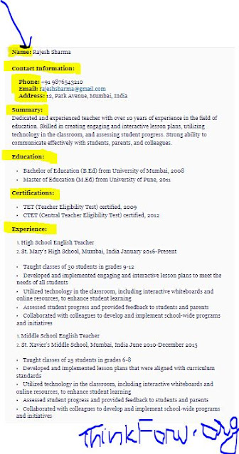 Image of Sample Resume for Teacher in India