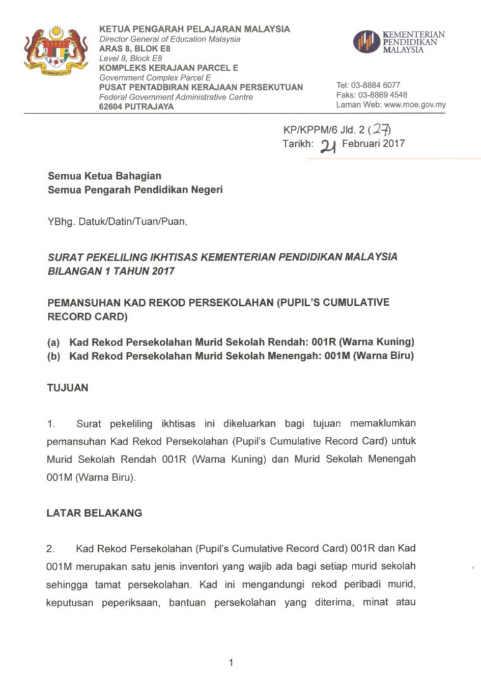 Surat Pekeliling Kelupusan Kad 001