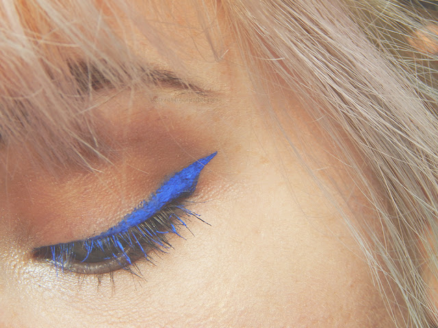 Close up of bright blue winged eyeliner