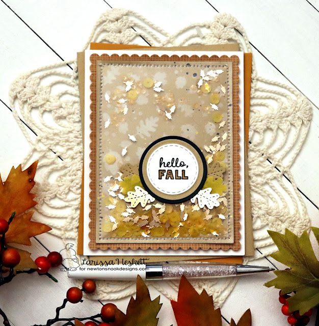 Hello Fall Shaker Card by Larissa Heskett | Heartfelt Fall Stamp Set, Circle Frames Die Set, Frames & Flags Die Set and Falling Leaves Stencil Set by Newton's Nook Designs #newtonsnook #handmade