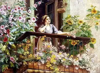 فتاة جميلة تقف في الشرفة أو البلكونة